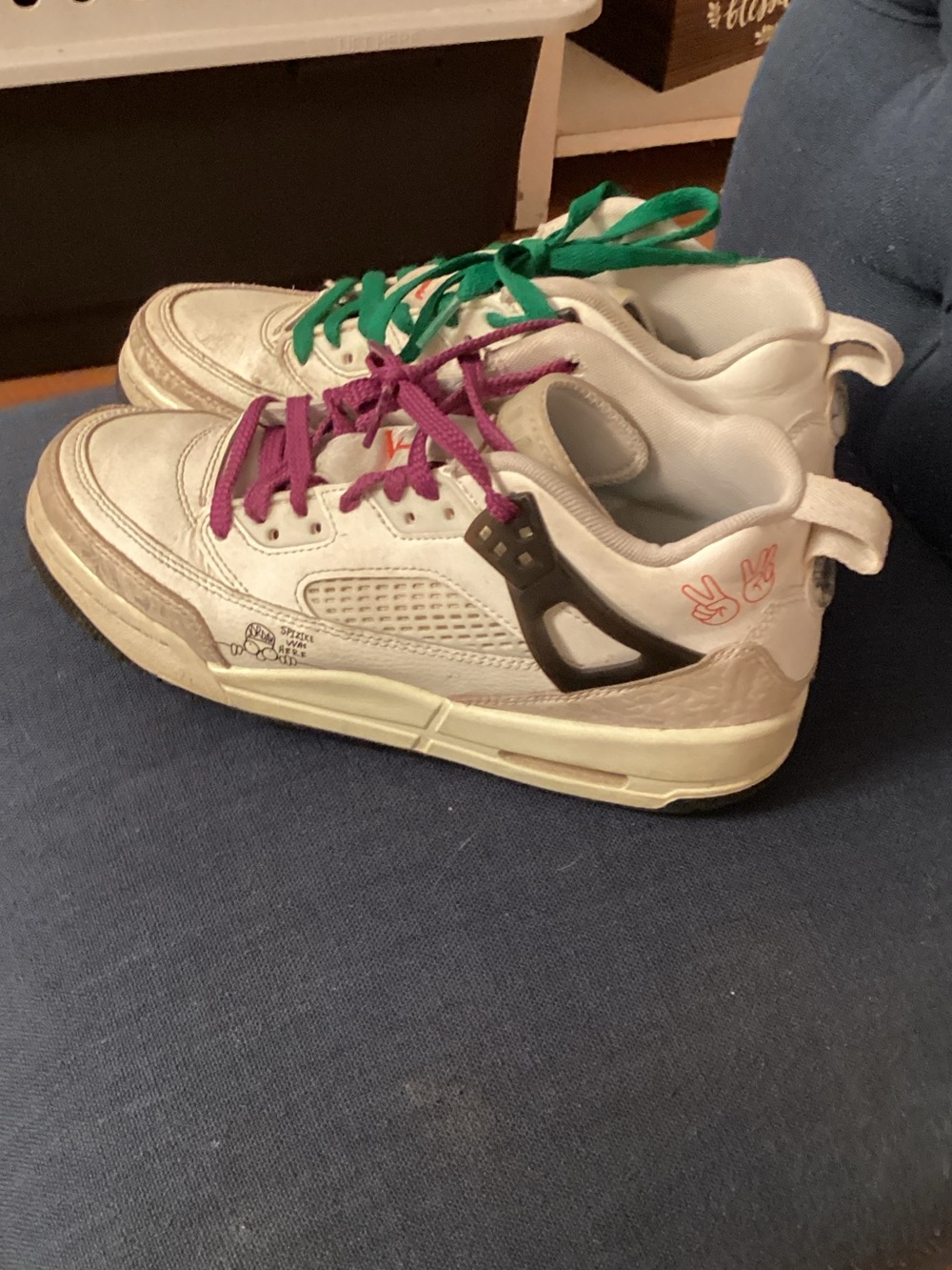 White Low-Top Sneakers with Purple & Green Laces